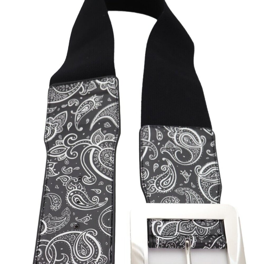 Womenâs Wide Black White Elastic Waist Hip Belt Silver Buckle Paisley Print S M - Picture 5 of 17